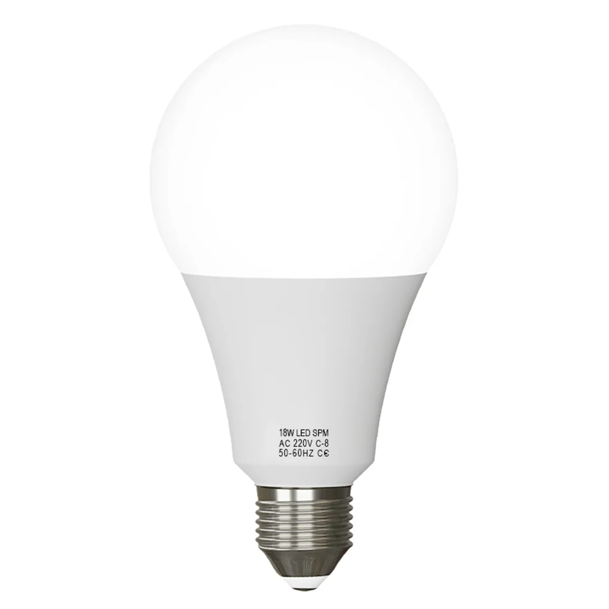 18W LED bulb in white glass with screw base, showing LED light, plastic and metal housing.