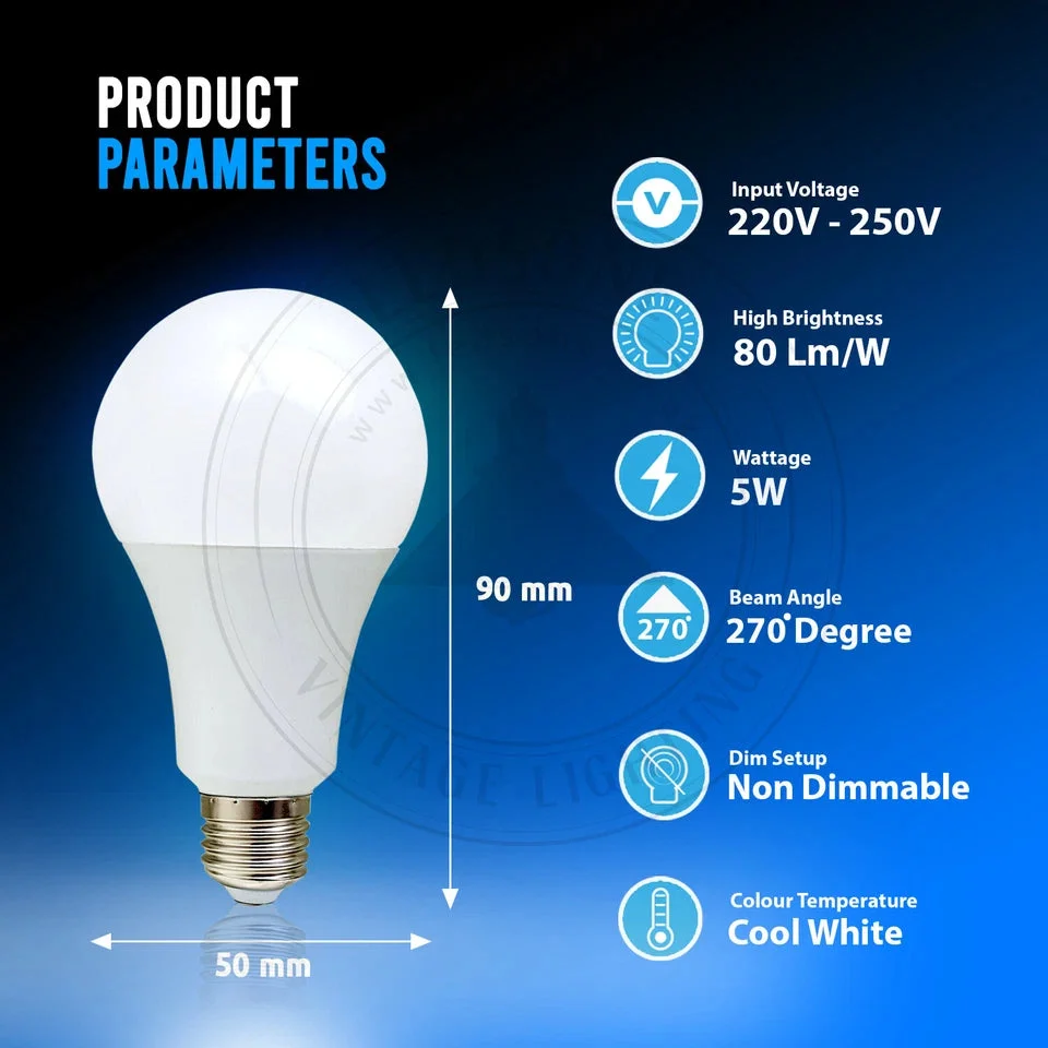 LED ball-shaped B22 5W energy saving light bulb with frosted plastic, emitting cool white light.