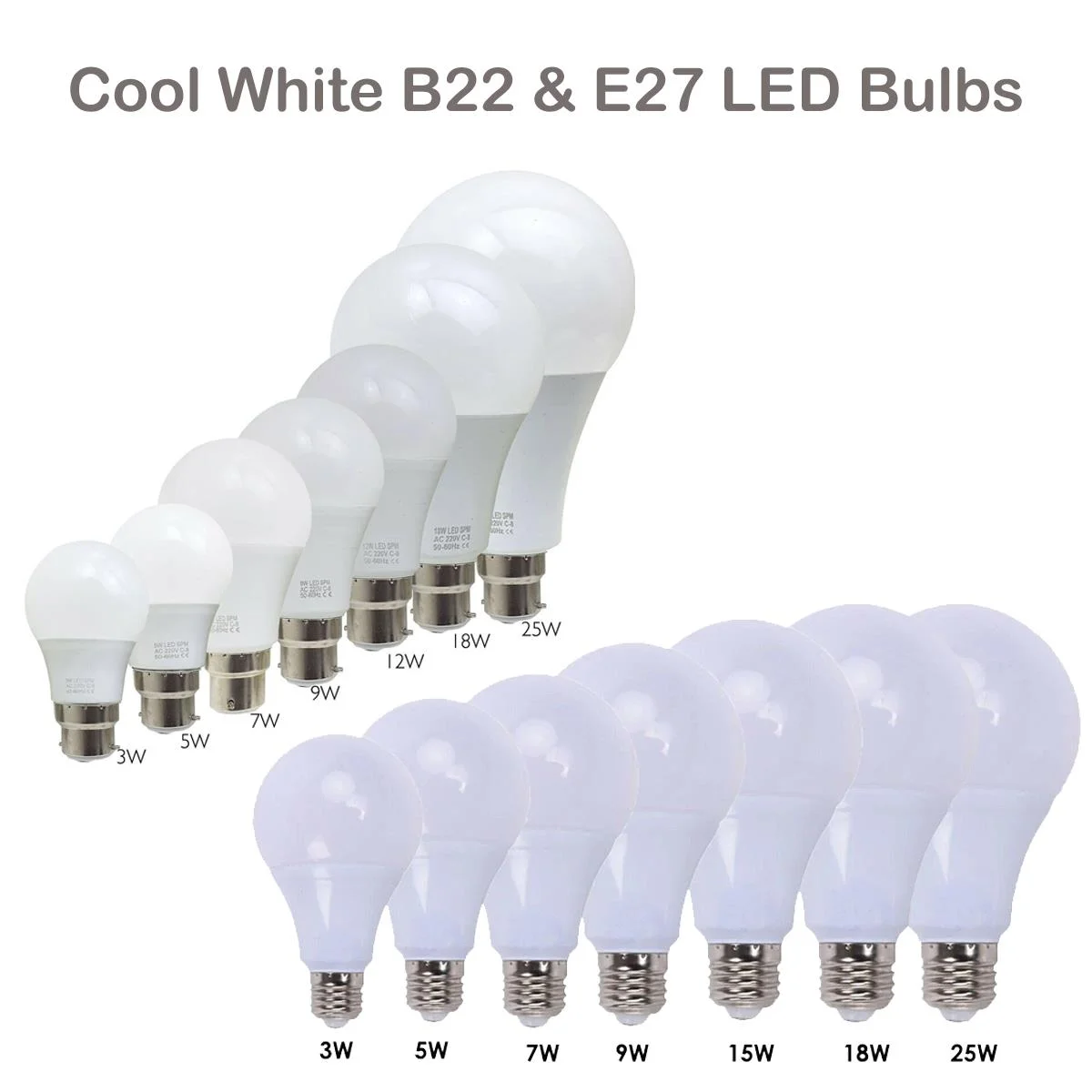5W LED B22 bulb in frosted, thermal‑plastic body, cool white light, compact B22 base.