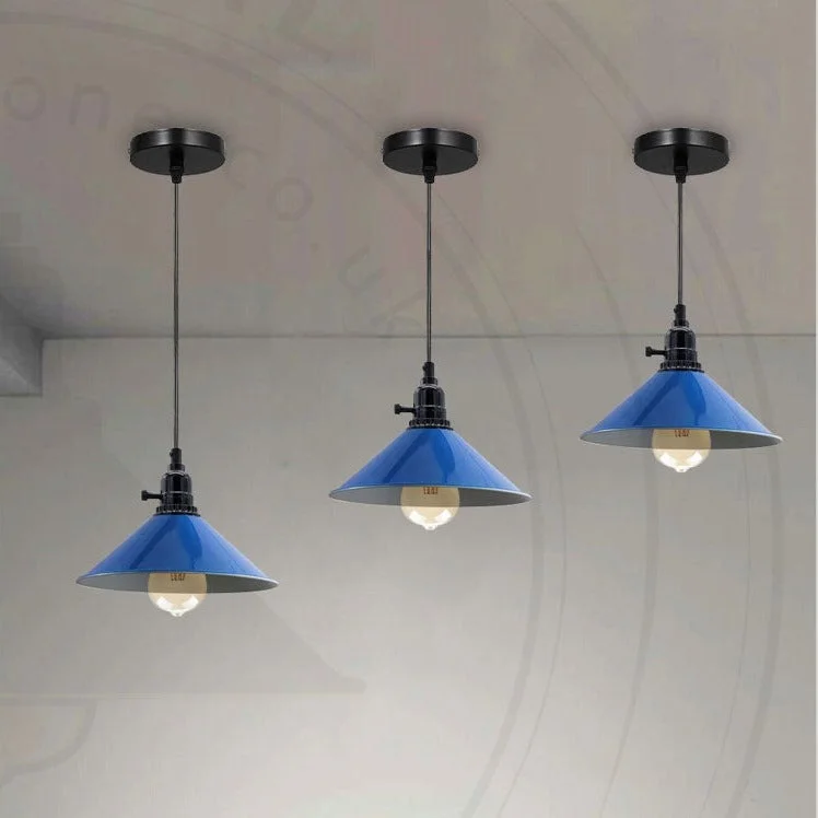 Navy blue industrial vintage pendant light with metal shade and PVC cable, retro style.