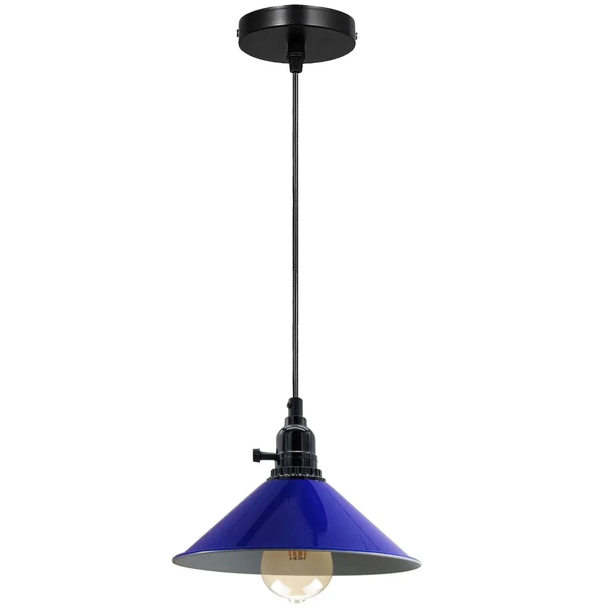 Industrial pendant lamp featuring a navy blue metal shade with PVC cable and E27 base, styled in retro vintage design.