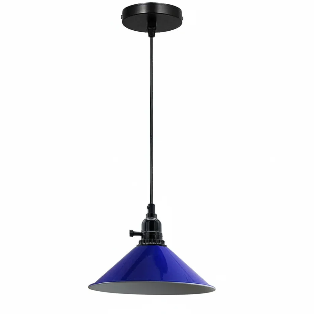 Navy blue retro ceiling light pendant with metal frame, PVC cable, and three chrome lanterns in a vintage industrial style.