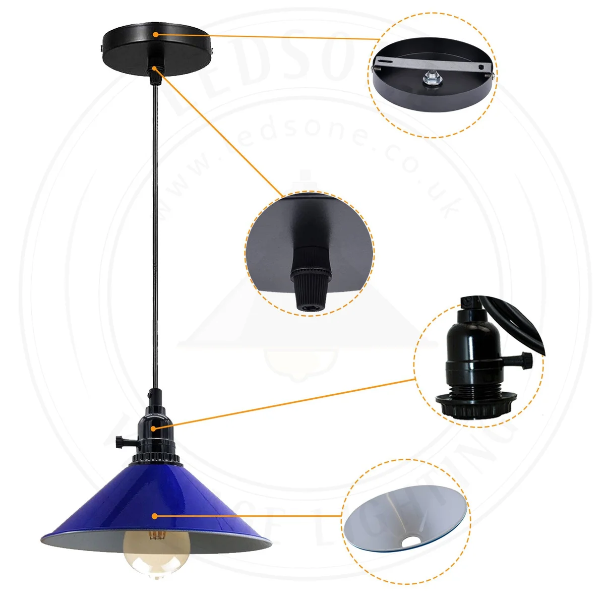 Dimmable pendant lighting with navy blue metal & PVC shade, 3 E27 holders, 95cm cable, 20cm ceiling plate, warm ambience