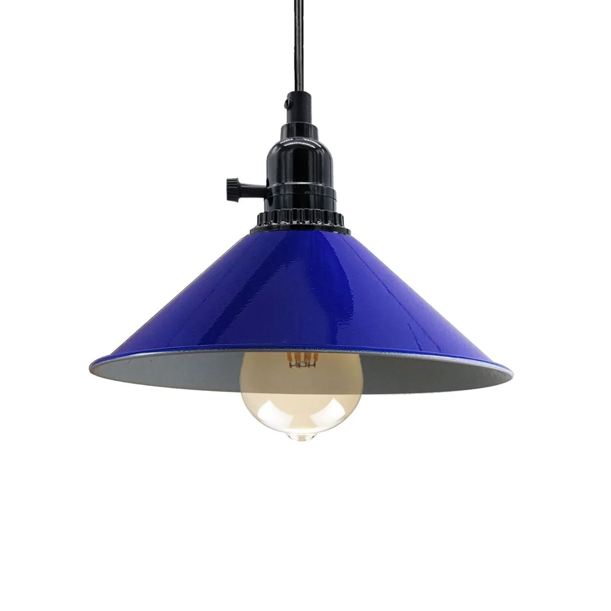 E27 pendant lamp with navy blue metal and PVC wire shade, 20 cm metal base, 95 cm PVC cable, retro style.
