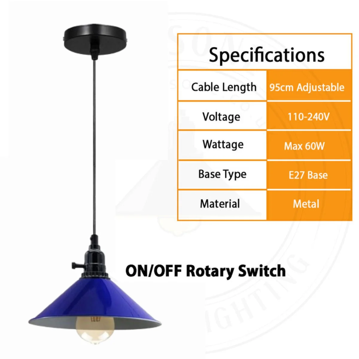 Three‑pole navy blue metal and PVC vintage pendant light with rounded 20 cm ceiling plate and 95 cm PVC cord