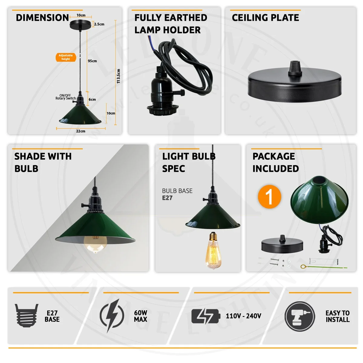 Navy blue vintage pendant light with metal frame and PVC cable, 20cm base, decorative lamp