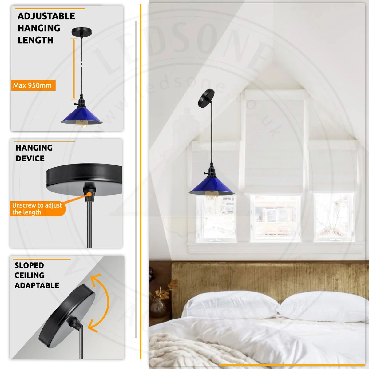 Vintage pendant light with navy blue metal shade, 20cm diameter, three E27 holders, long 95cm PVC cord