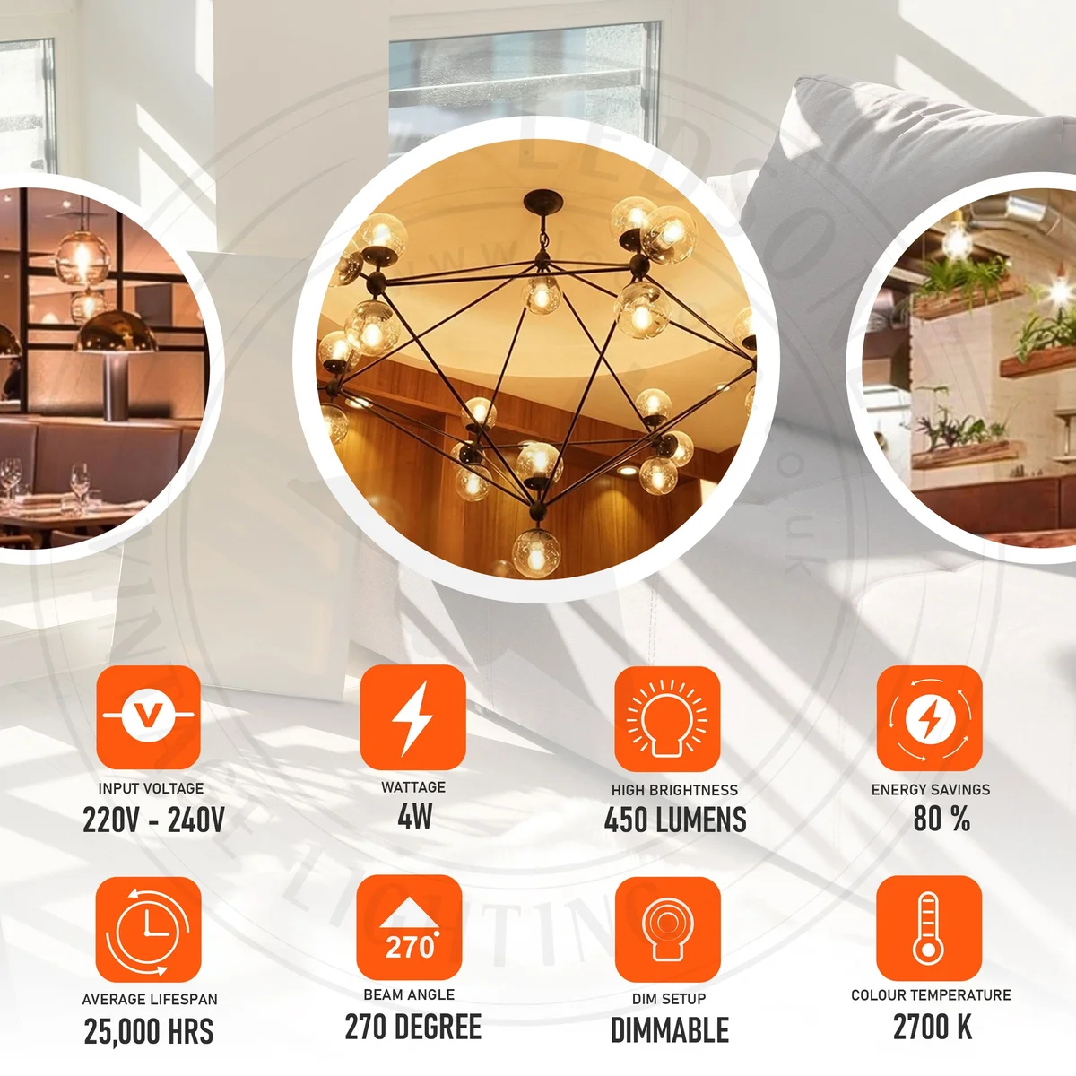 Vintage amber glass dimmable LED bulb on its E27 base in a neutral light setting