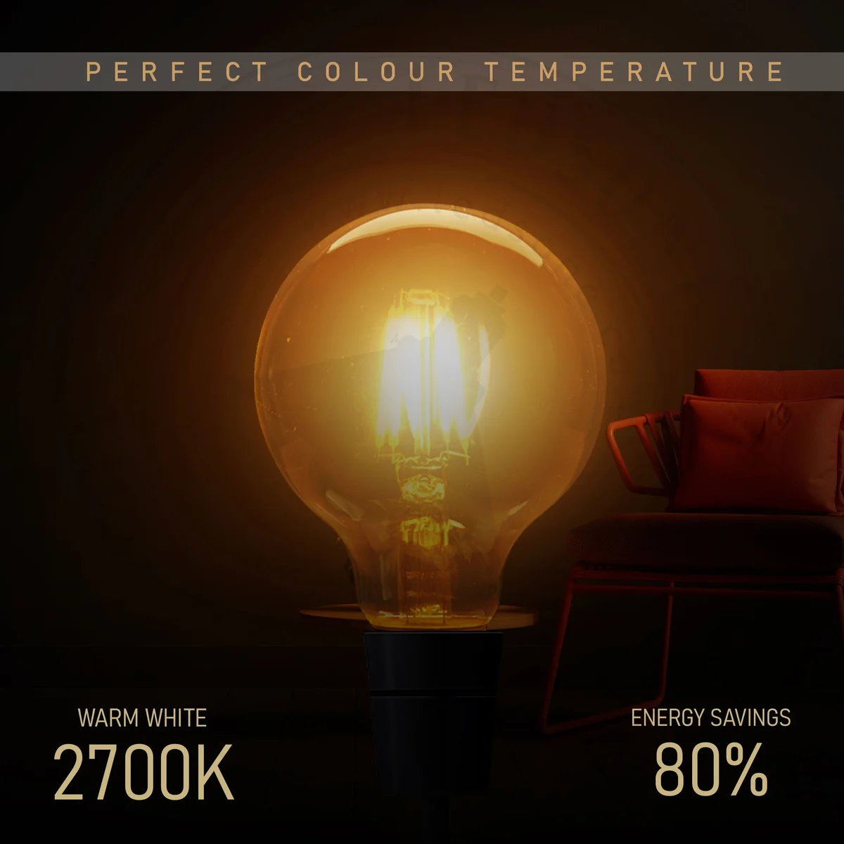 Warm white bulb in amber globe housing, metal base, studio lighting.