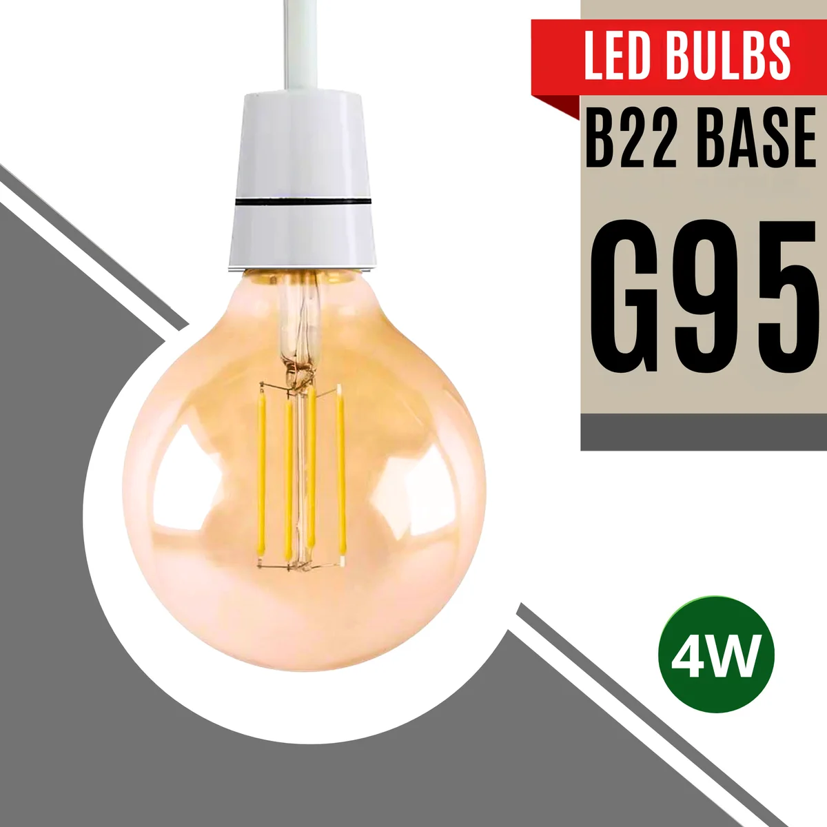 G95 LED bulb: amber globe with bright soft gold filament, vintage style, glowing 2700K warm white light