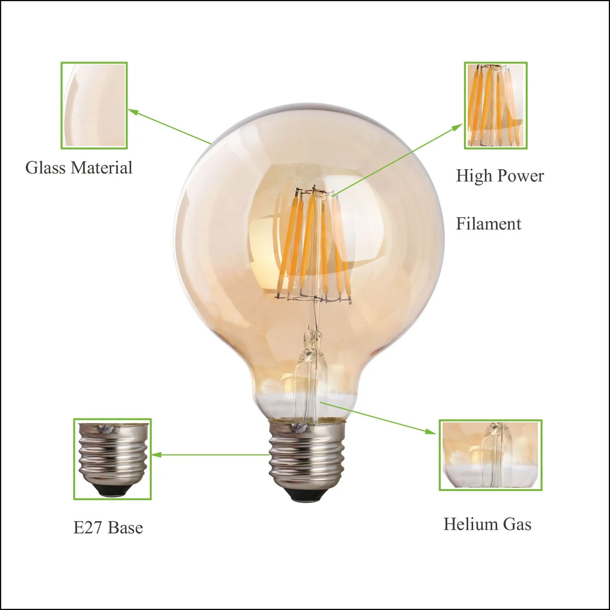 B22 LED bulb in amber glass globe, warm amber tint, vintage style, 4W, 2700K, dimmable, round globe shape