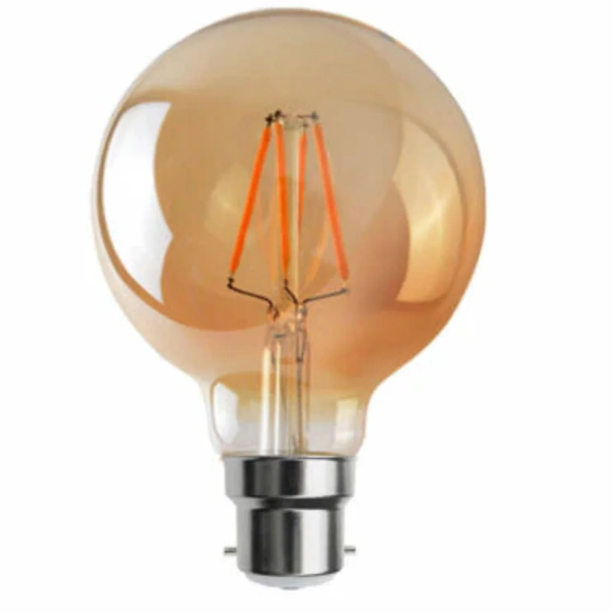 B22 LED bulb, amber glass globe with vintage amber tint, metal base, compact 4W design