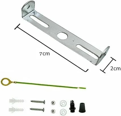 Durable 70mm metal light fitting bracket with mounting screws, riveted construction and earth tag for ceiling chandeliers.