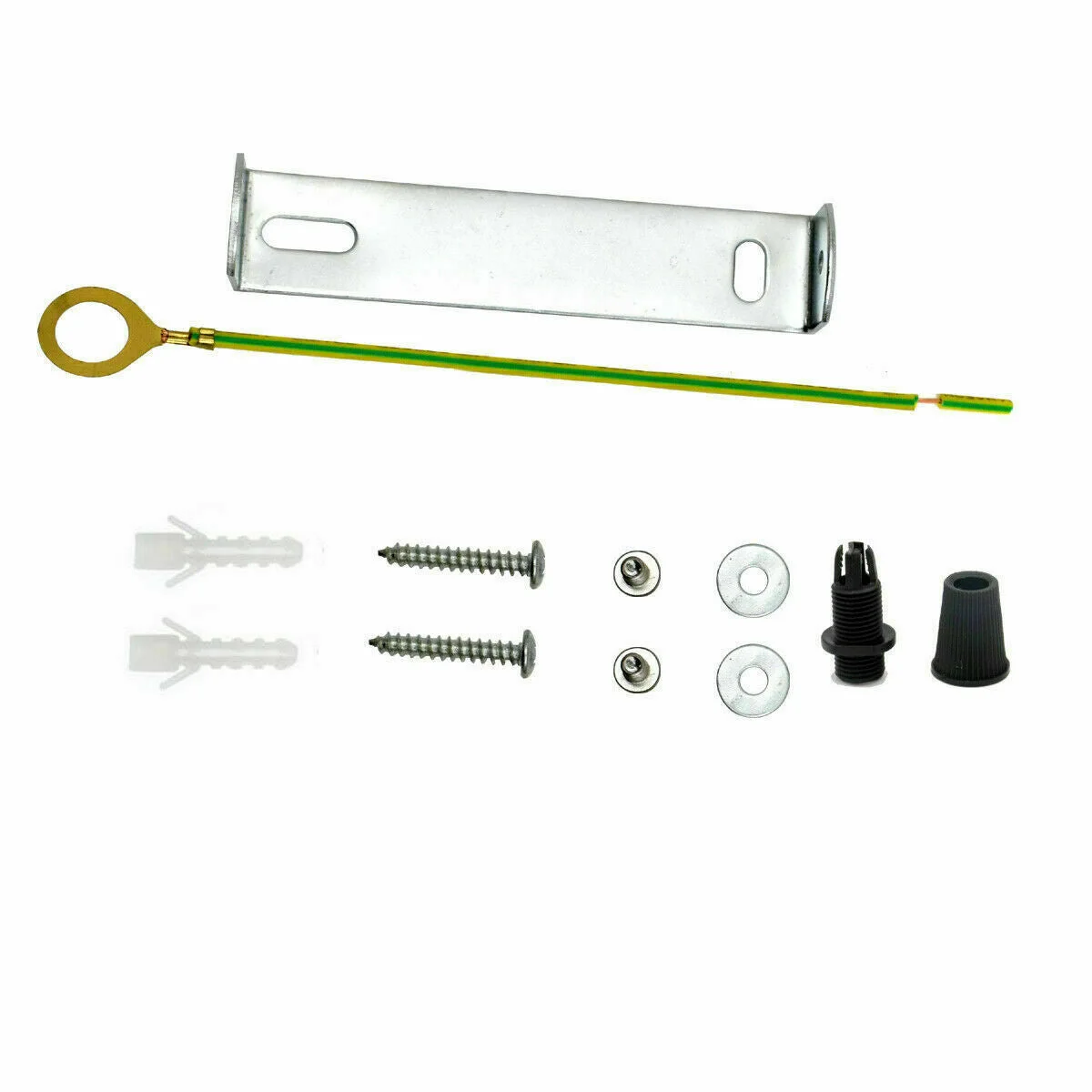 45mm metal ceiling plate bracket with riveted construction, earth tag, and included accessories.