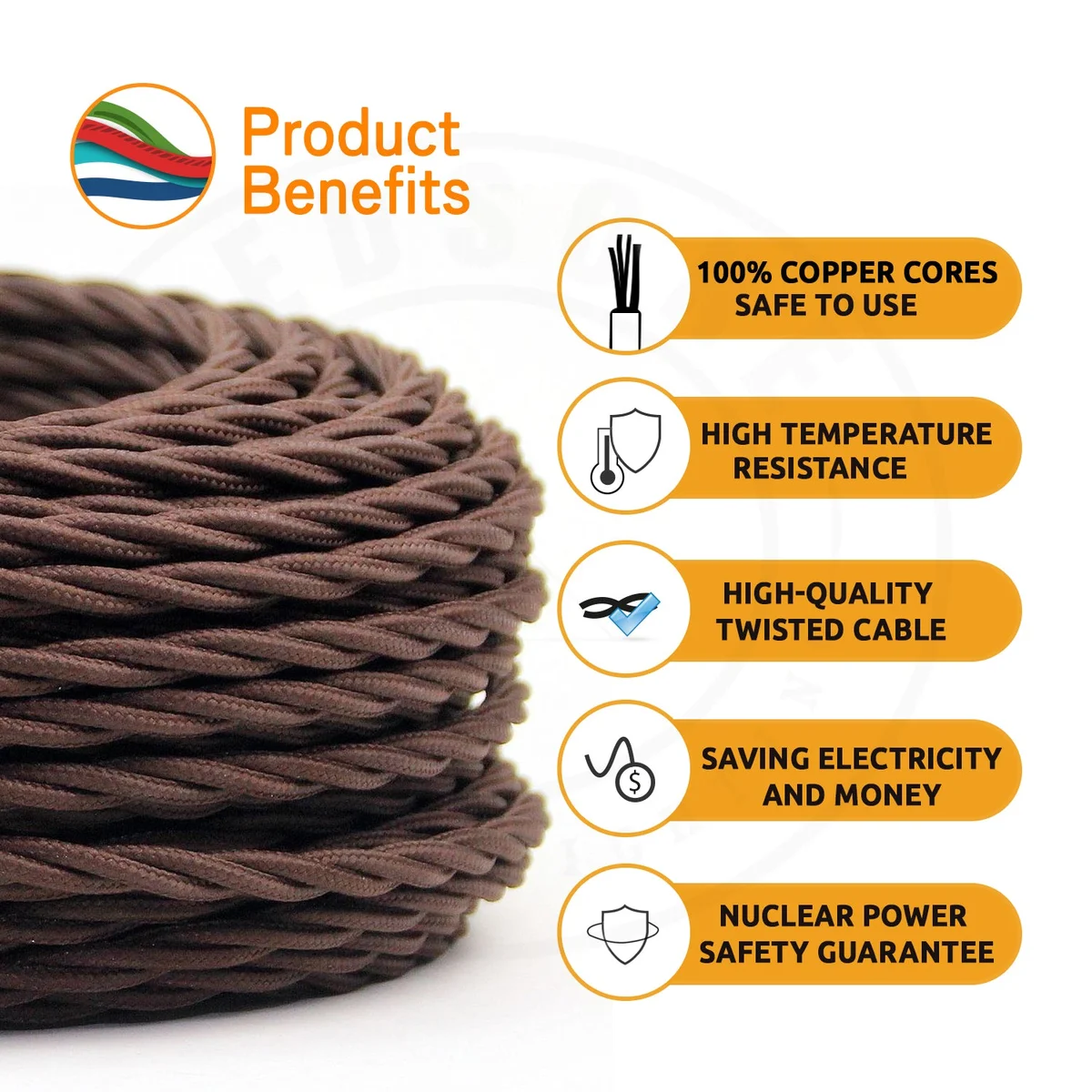 5‑metre two‑core twisted cable with copper wires, PVC insulation and braided fabric finish in a vintage lighting cable style.