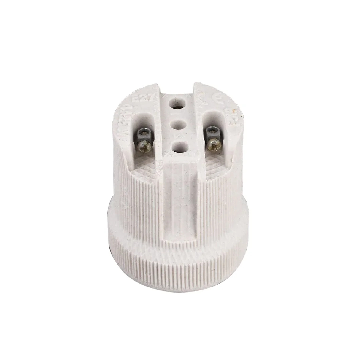 White porcelain E27 ceramic bulb holder with integrated 10mm cord grip, showing classic vintage look.