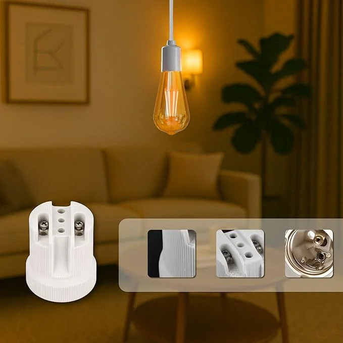 White porcelain bulb holder with E27 screw socket and built‑in 10mm cord grip, suitable for heat‑resistant lighting.