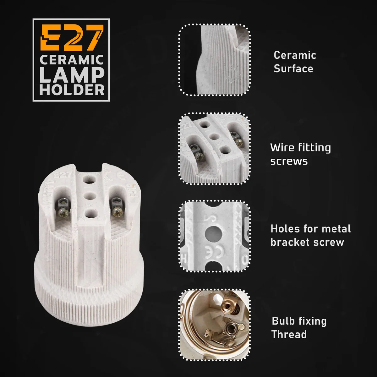 Vintage ceramic lamp holder with white porcelain shell, 10mm cord grip, compatible with E27 bulbs.