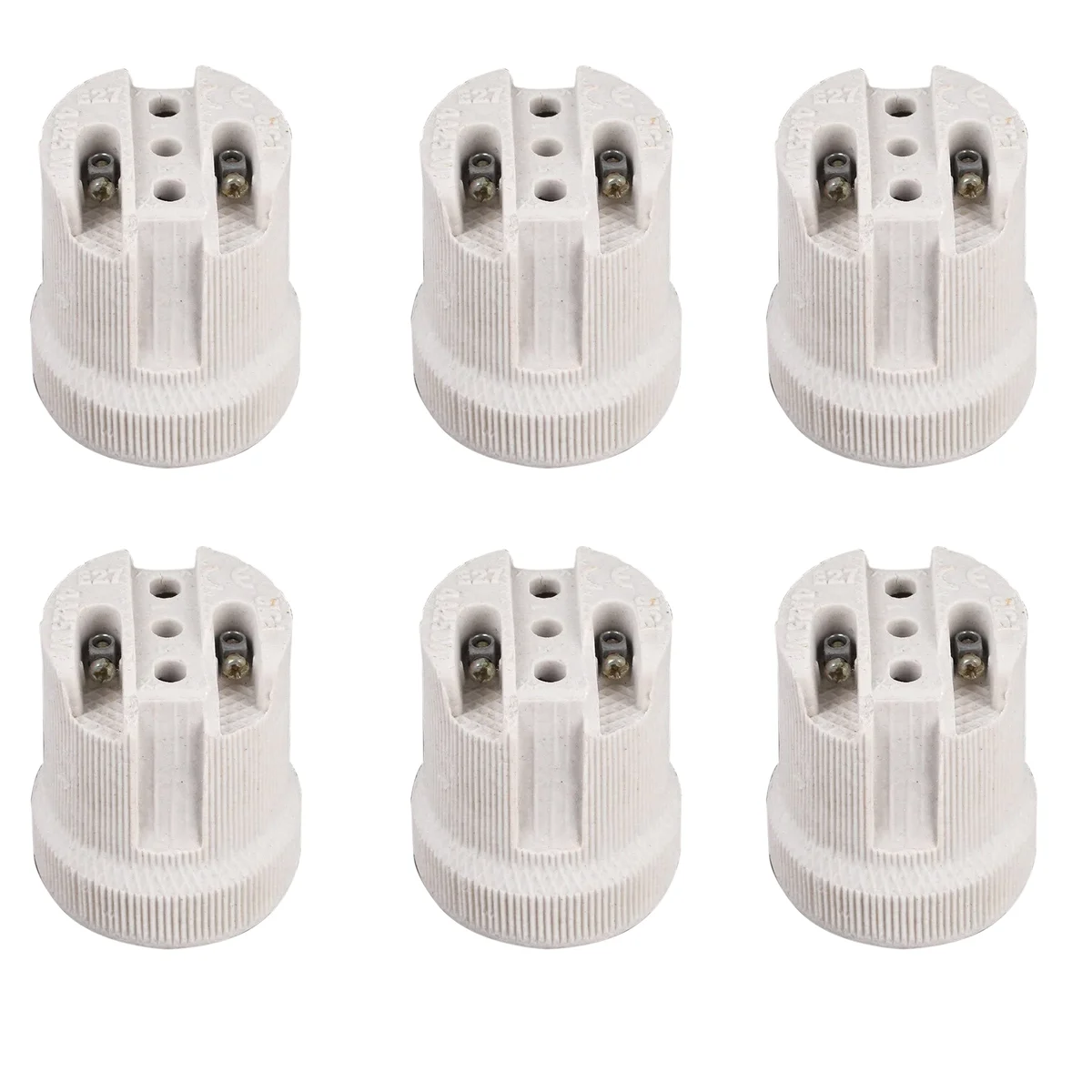 White porcelain E27 ceramic bulb holder with integrated 10mm cord grip, metal screw terminals visible