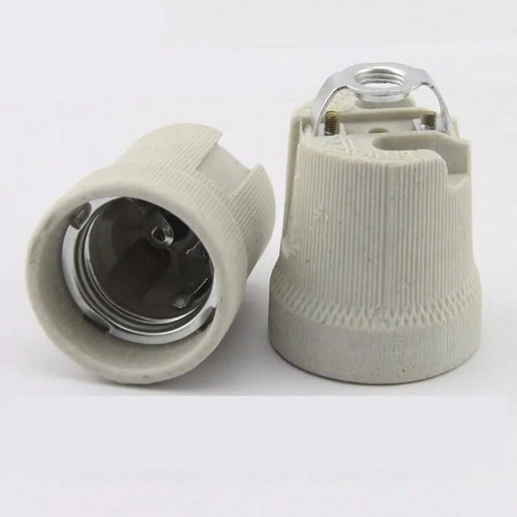 E27 bulb holder with metal frame and porcelain ceramic body, vintage screw‑in socket design suitable for heat‑resistant applications.