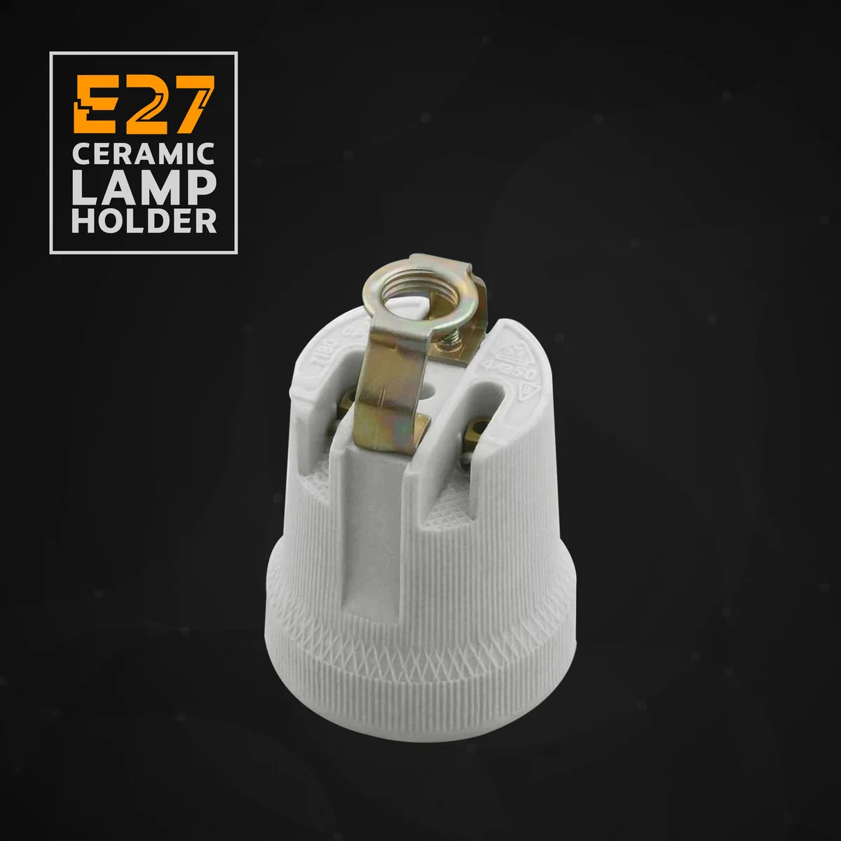 Vintage ceramic lamp holder with metal base for E27 screw, heat resistant, porcelain 3‑pin connector, suitable for up to 60W bulbs.