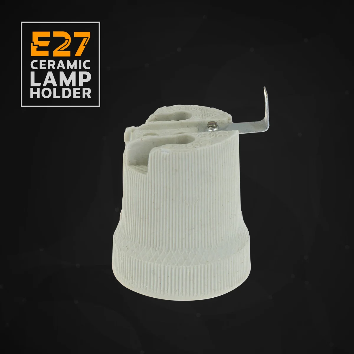 White E27 ceramic lamp holder with metal screw terminal, 5cm high and 3.5cm wide, ready for indoor use