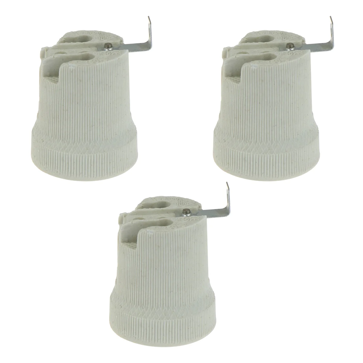 White ceramic lamp holder on a wood background, showing its round ceramic body with screw terminal and white finish