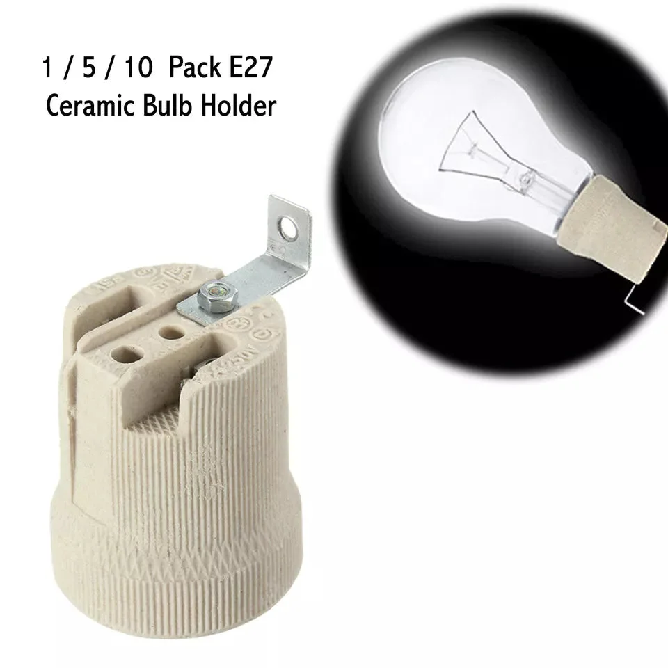 White E27 ceramic lamp holder with metal base and screw terminals, 5 cm tall, 3.5 cm diameter, heat‑resistant ceramic finish