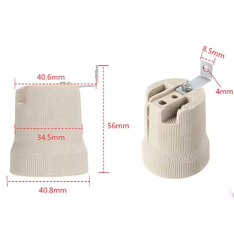 White E27 ceramic lamp holder, ceramic body, screw terminal, 5 cm tall, 3.5 cm diameter.