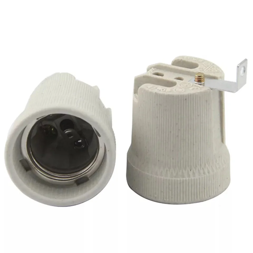 E27 ceramic lamp holder, white ceramic finish, screw terminal block, 5 cm height x 3.5 cm diameter, vintage style.