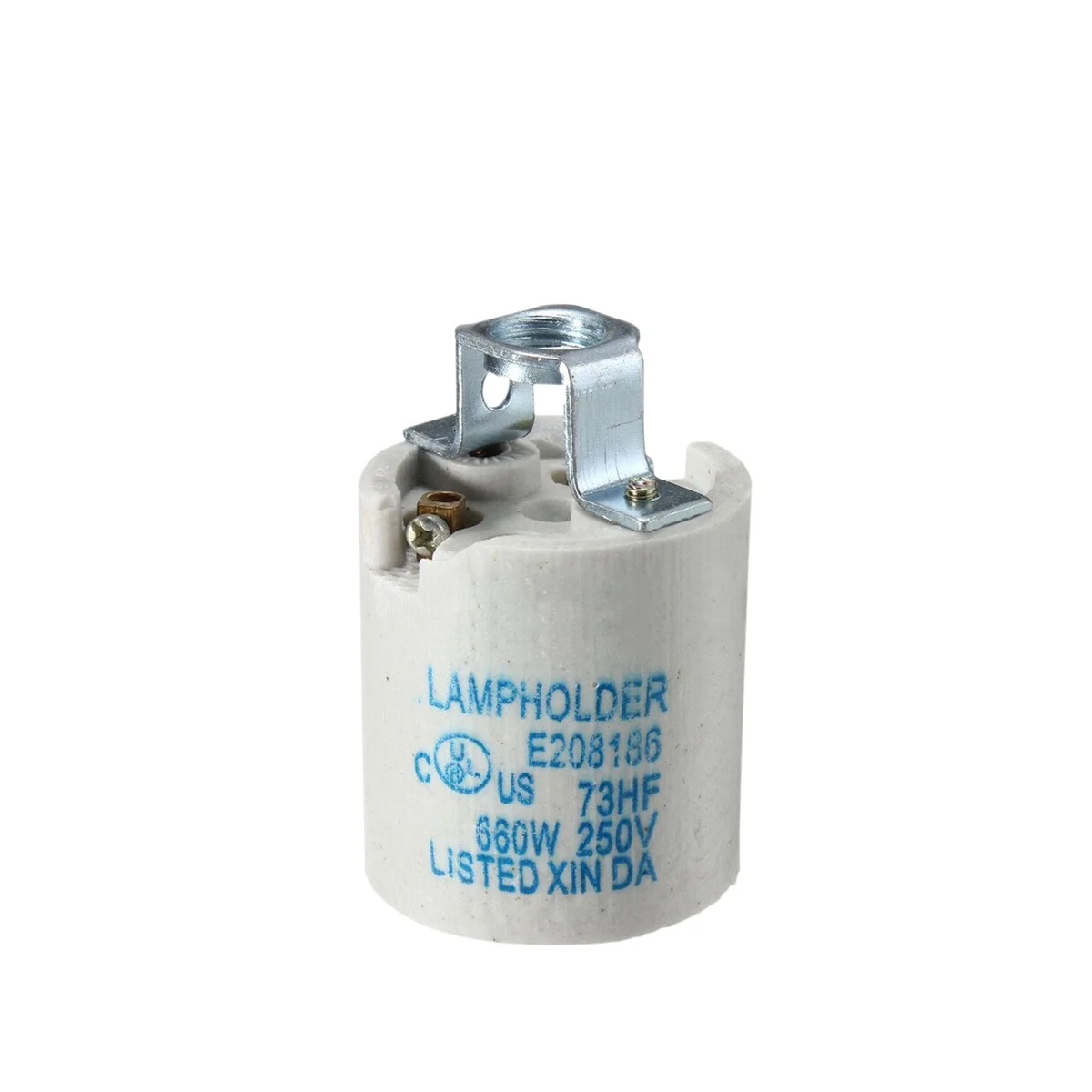 White ceramic E27 lamp holder with vintage style, screw terminal block, clear porcelain body, suitable for high heat bulbs.