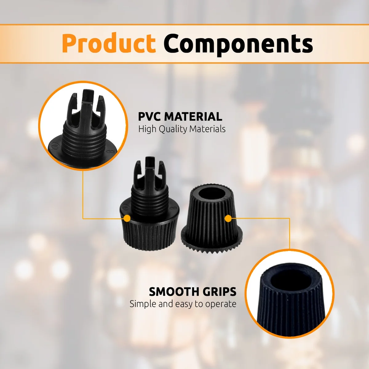 Black M10 plastic cord grip with hand‑tightening ring for pendant lighting cable management, shown on a fabric cable.