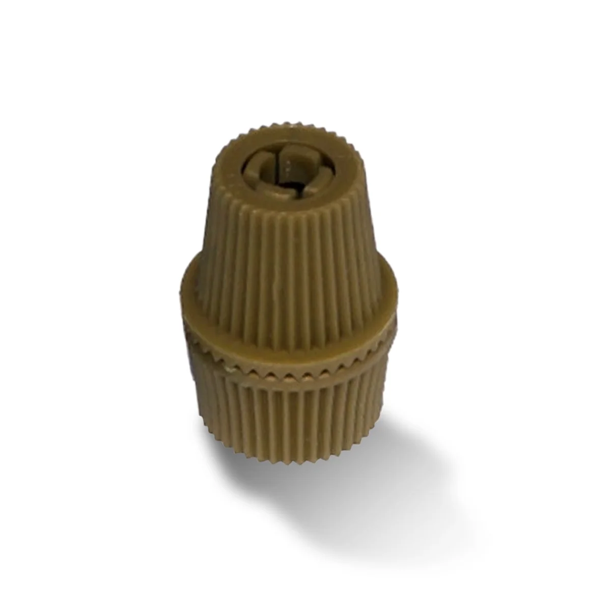 M10 cord grip, plastic with recessed female thread, designed for securing pendant lighting cables.