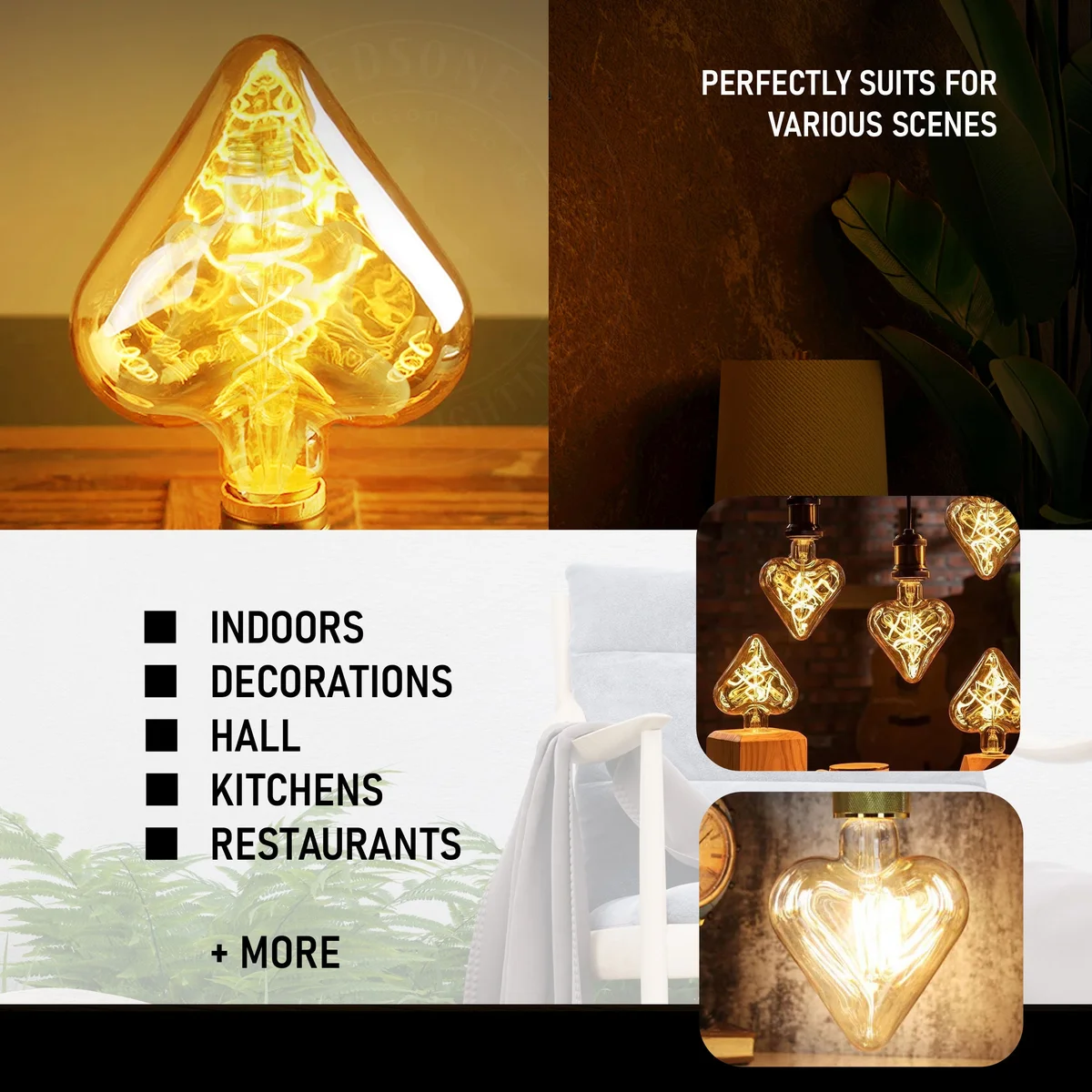 Heart‑shaped 4W E27 LED bulb with warm white LED light, glass body and copper filament.