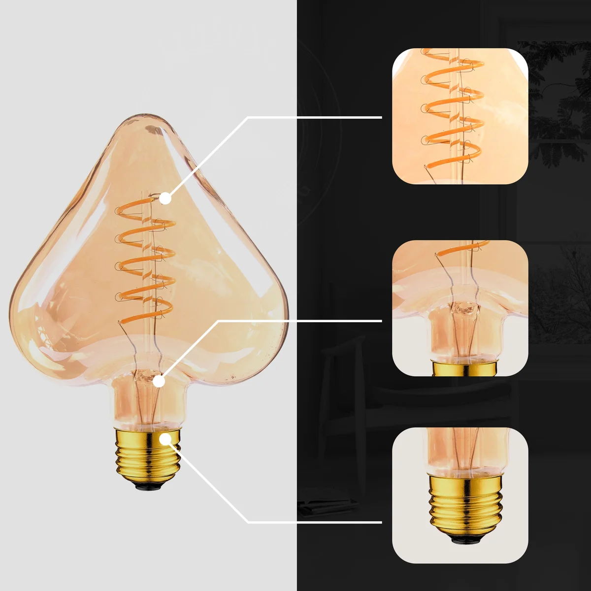 Heart shaped LED filament bulb, warm white 2700K, 4W E27 base, glass housing with copper filament