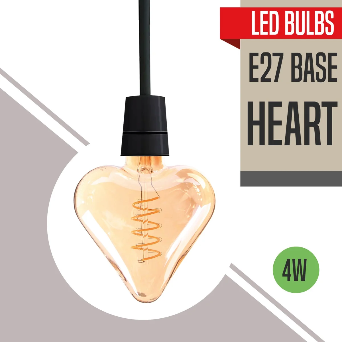 Heart shaped LED bulb with warm white glow, 4W, E27 screw base, glass casing and copper filament.