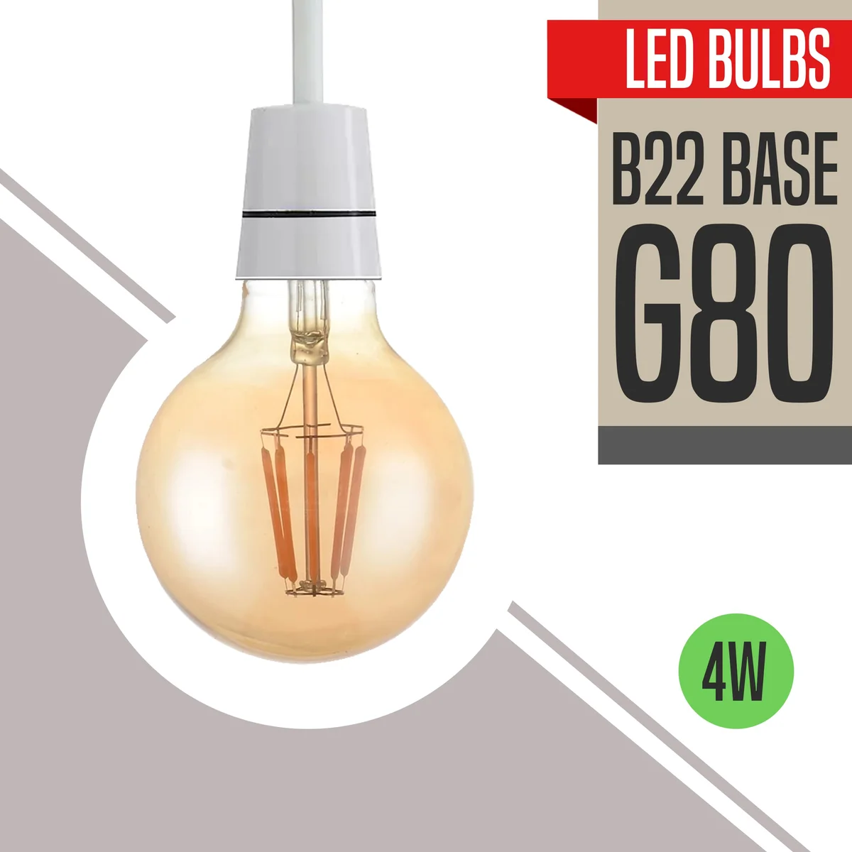 Bright amber‑coated vintage LED filament bulb, globe shape with B22 bayonet base, emits warm white glow.