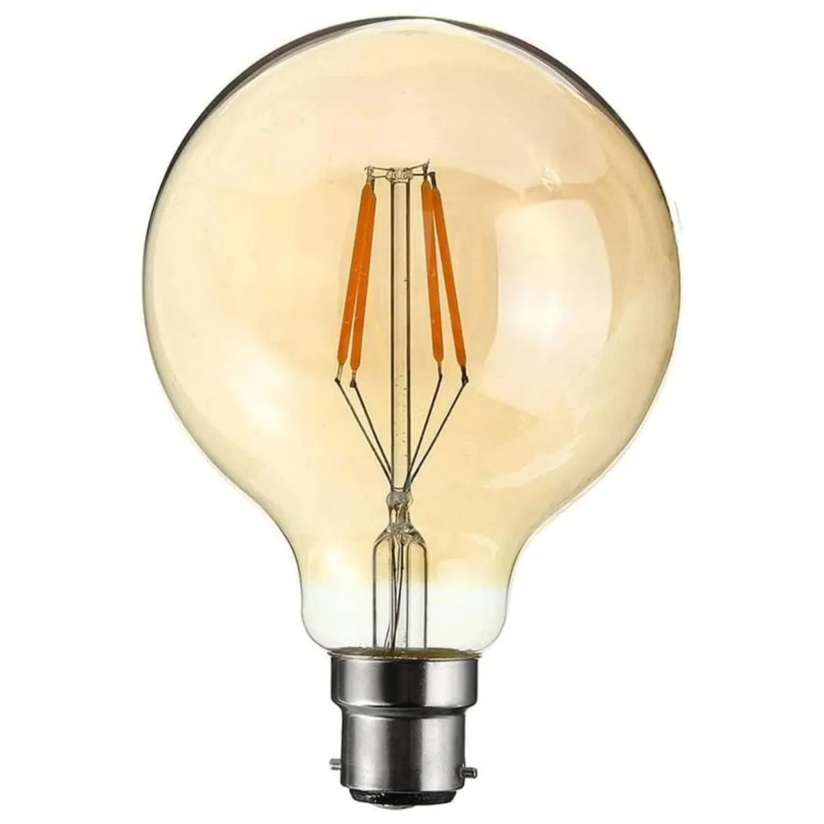 G80 LED bulb with amber glass globe on metal base, emitting warm white light