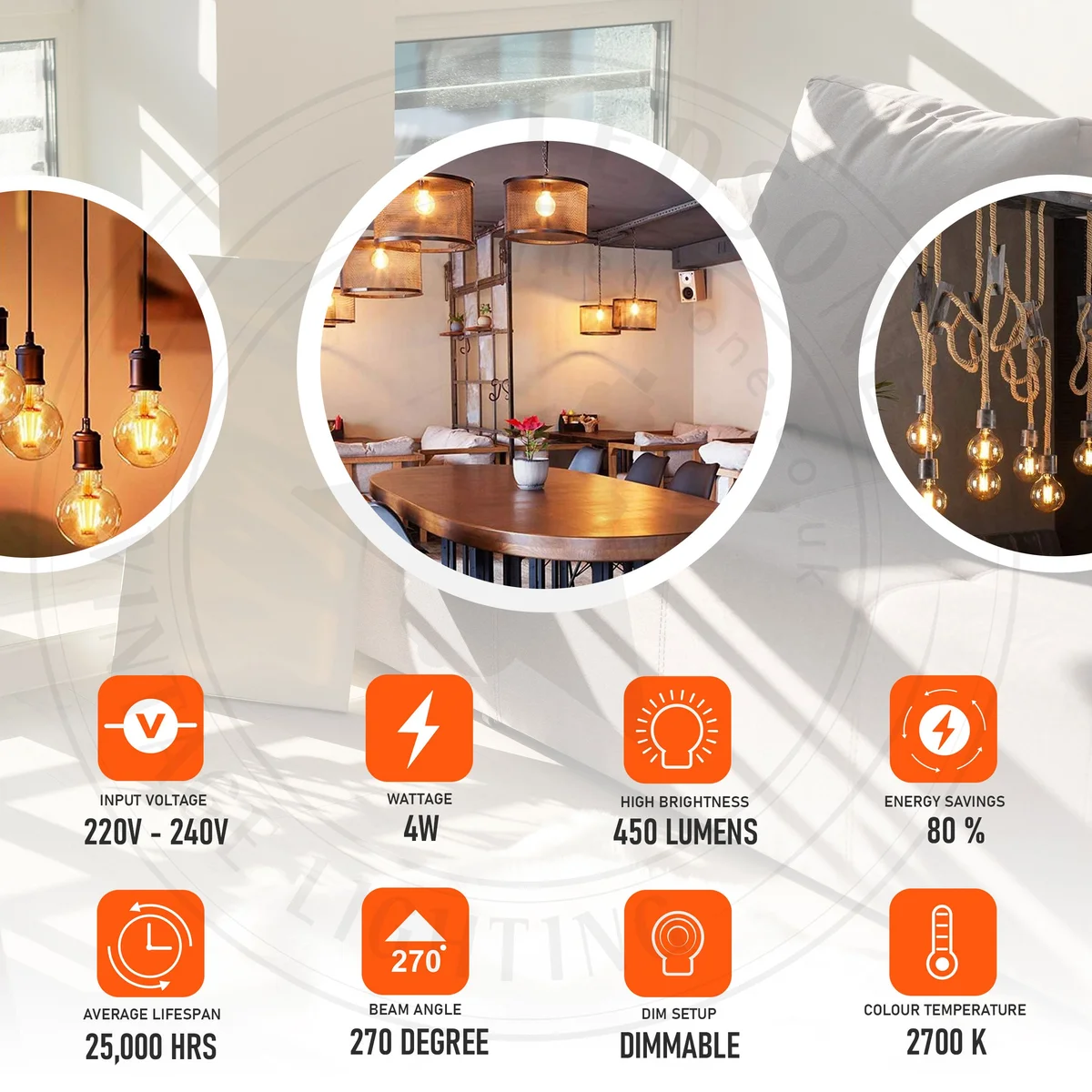 Vintage G80 LED filament bulb with amber glass globe, dimmable, 270° beam, warm glow, metal base.