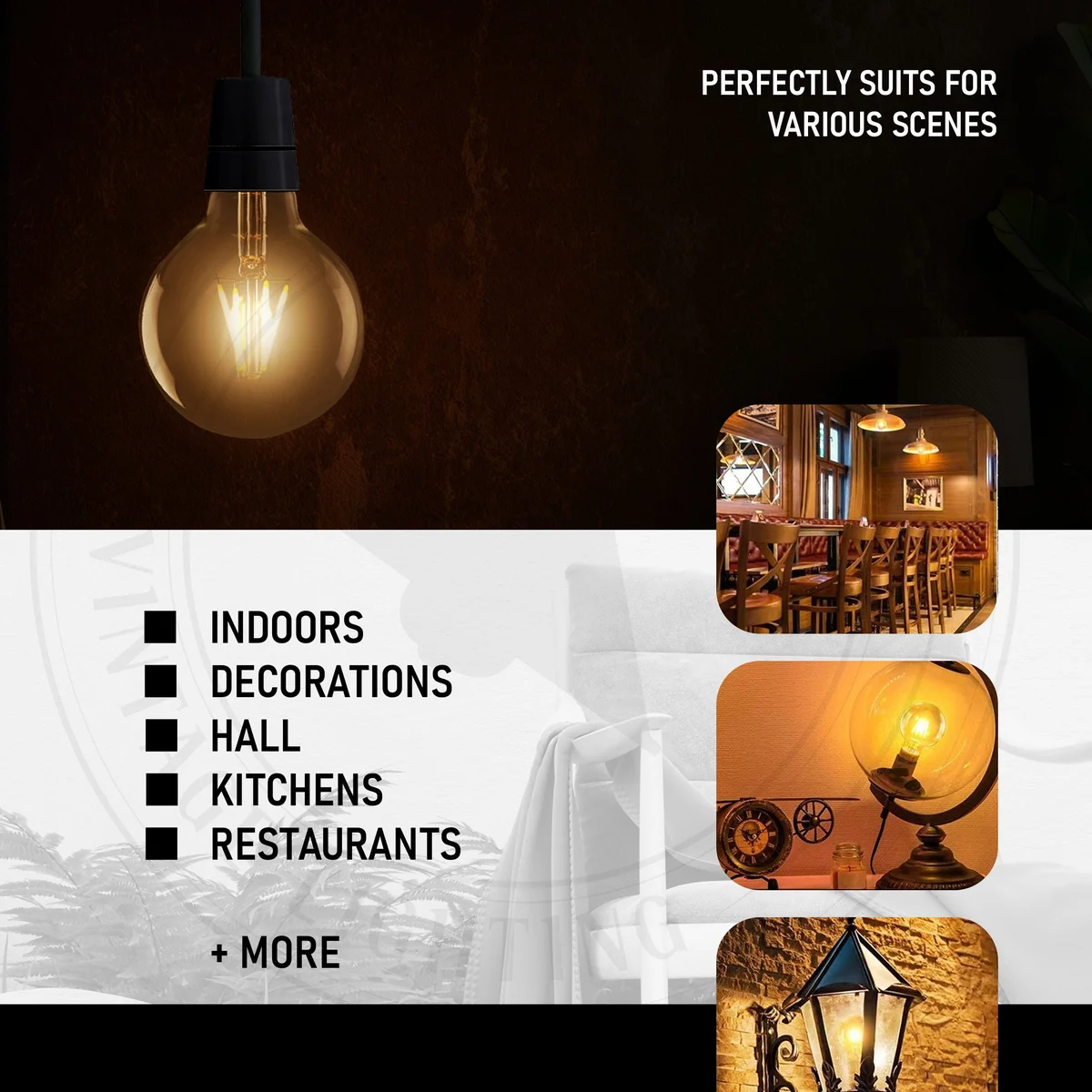 Vintage LED filament bulb in amber glass G80 globe, 4W, B22 bayonet fitting.