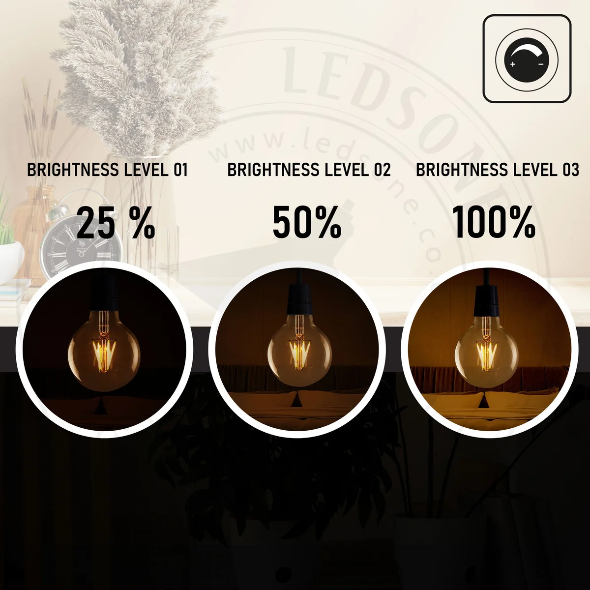 Vintage LED filament bulb in amber glass globe, glowing warm light, B22 bayonet base on display hanger.