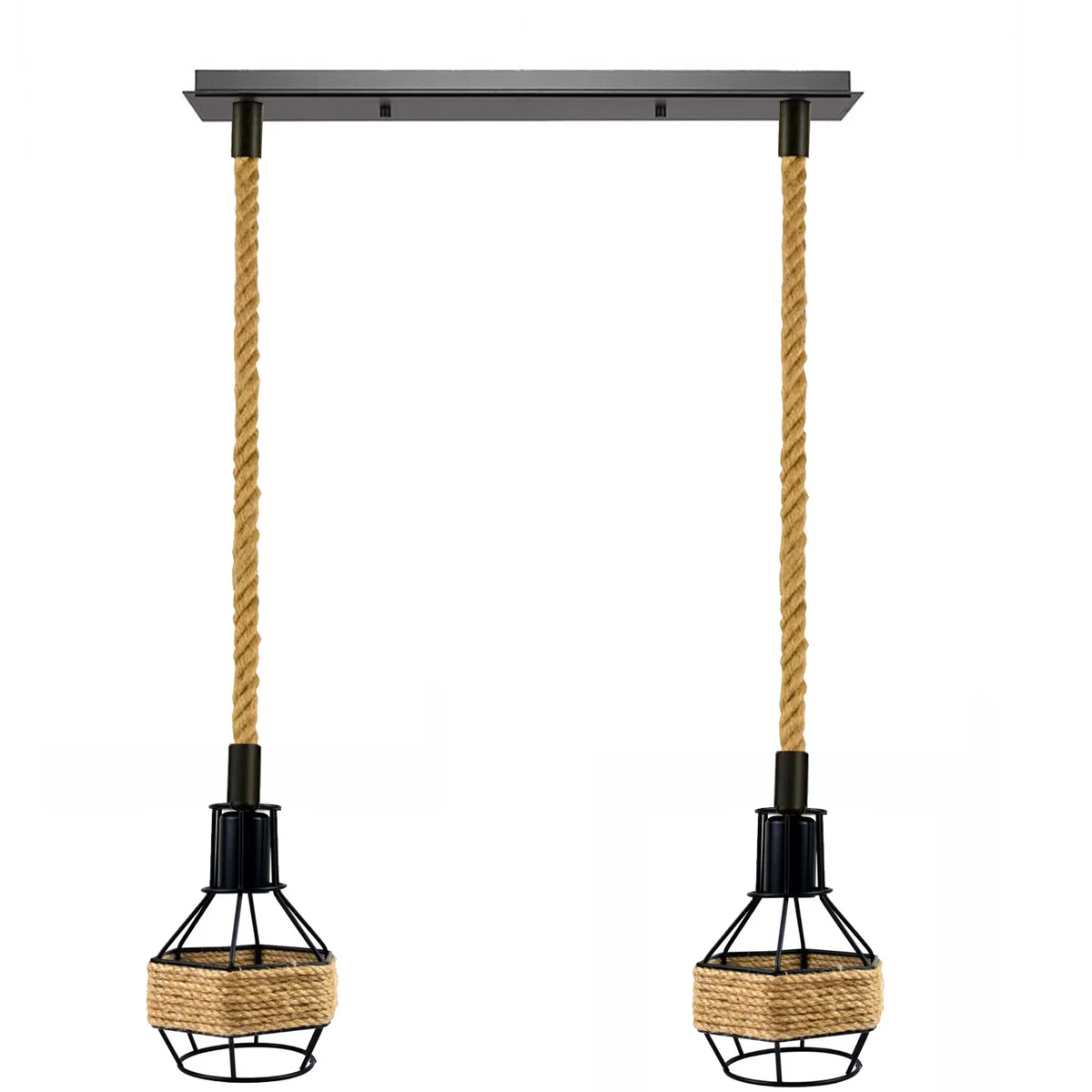 Vintage ceiling light with two metal and hemp rope pendant shades, adjustable hemp cord, E27 sockets, industrial style.
