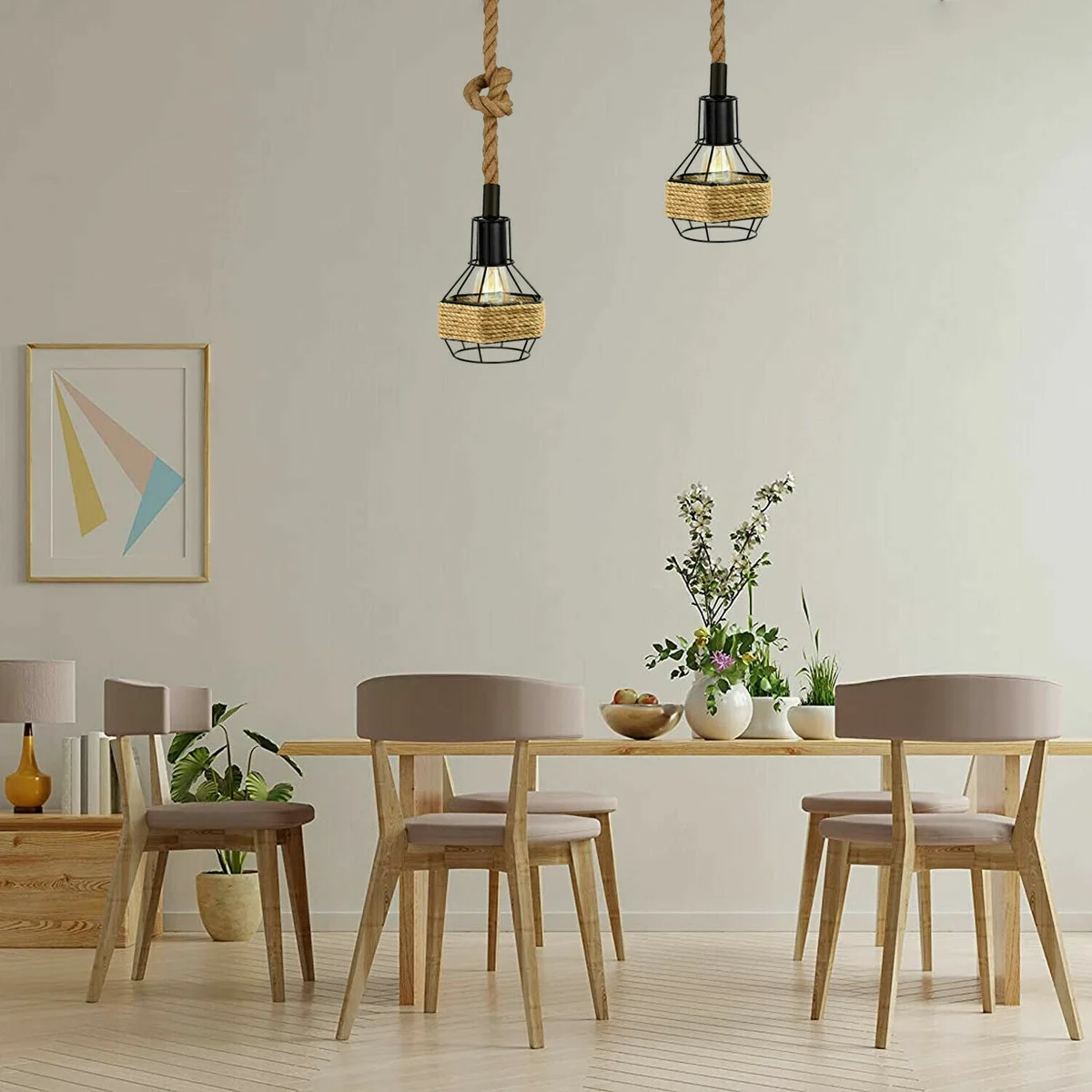 Vintage hemp rope ceiling light with metal frame, two 16cm diamond shades hang on hemp cord, suitable for living room.