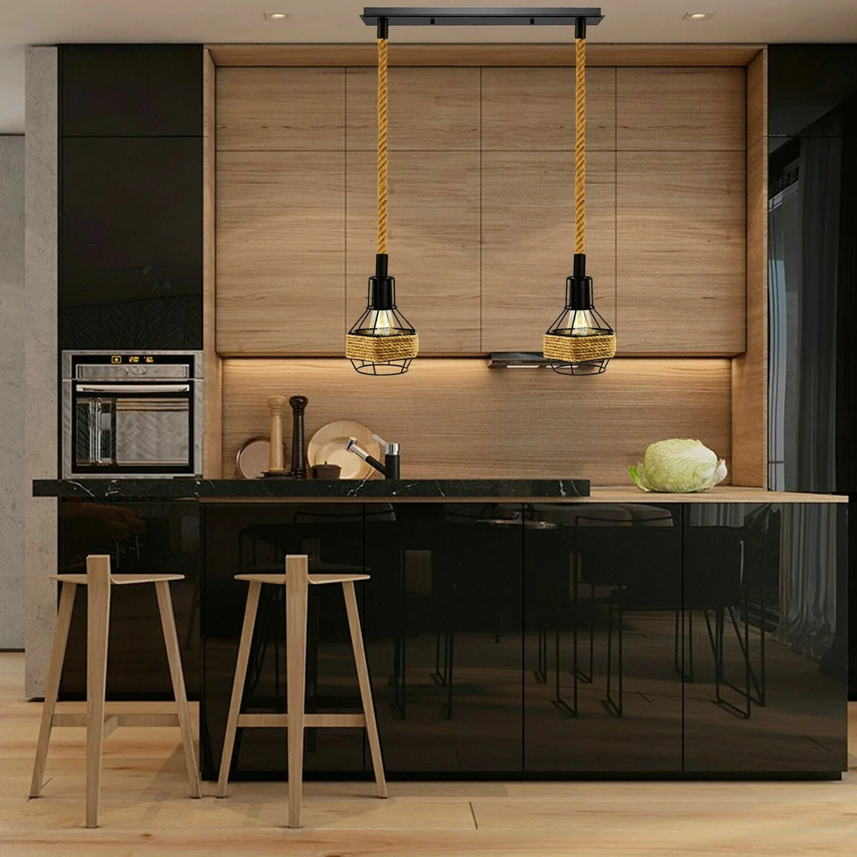 Adjustable hanging light featuring metal frame, hemp rope suspension, vintage industrial style, two 16cm shades.