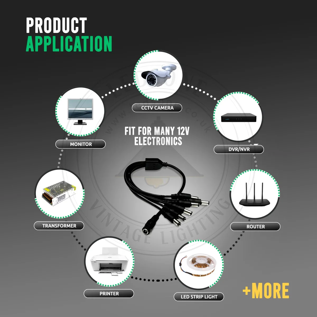 Black PVC CCTV power splitter cable with 2.1mm male and female connectors, 2/4/6/8 way split for 12V cameras.