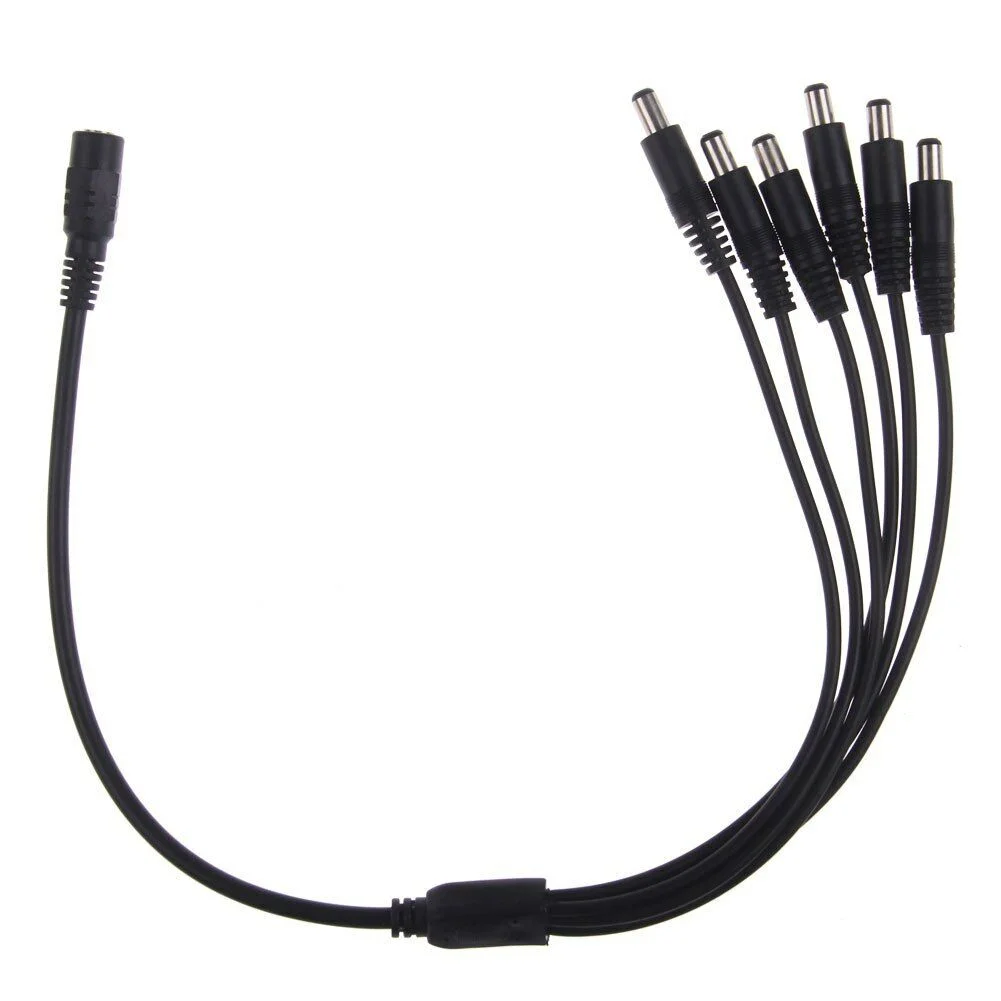 Black PVC DC power splitter adapter cable, 2.1mm female to male, 4‑way split, 3‑19V, for CCTV and LED lighting