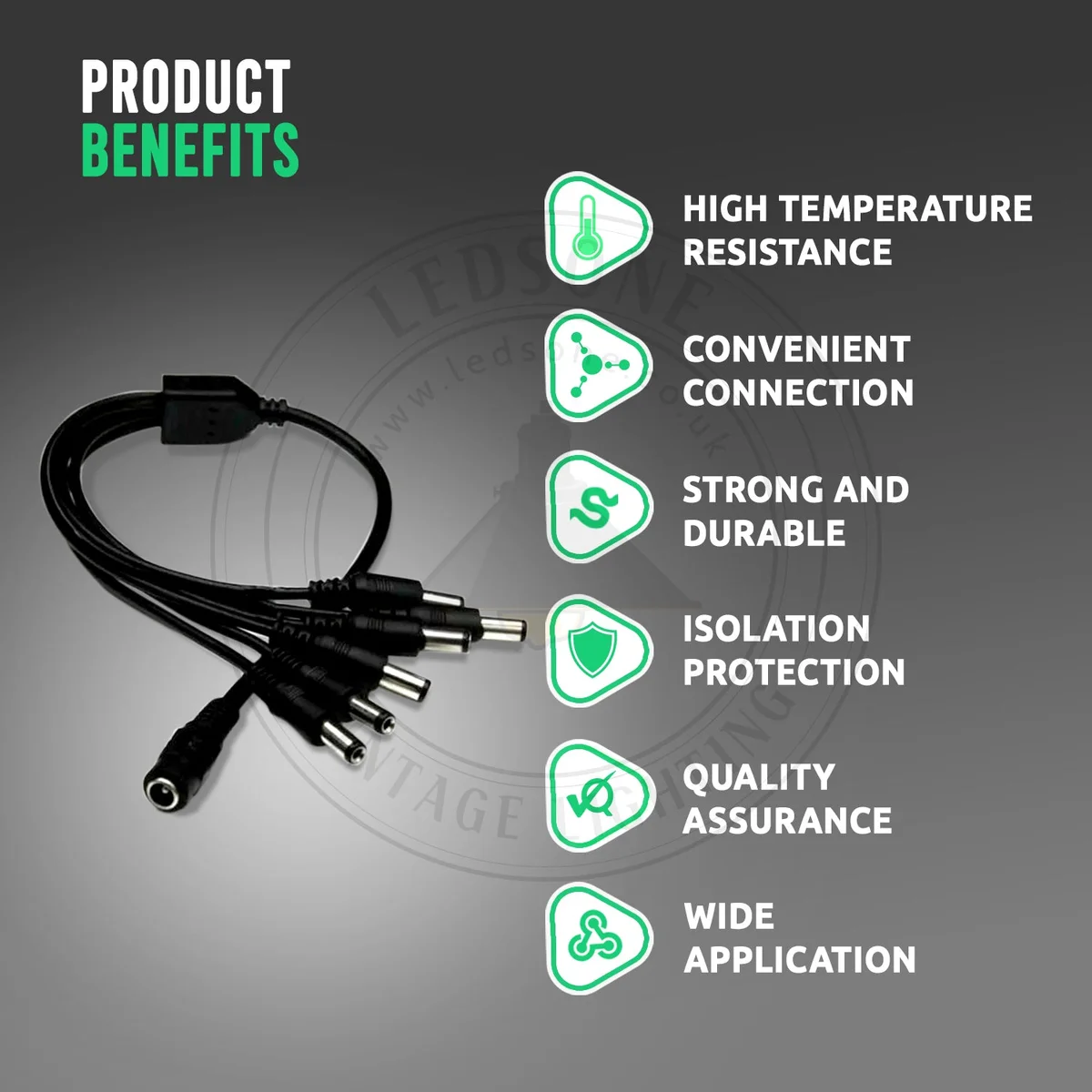 Black PVC 2.1mm power cable adapter with male and female connectors, 2.1x5.5mm size, shown in 8‑way split.