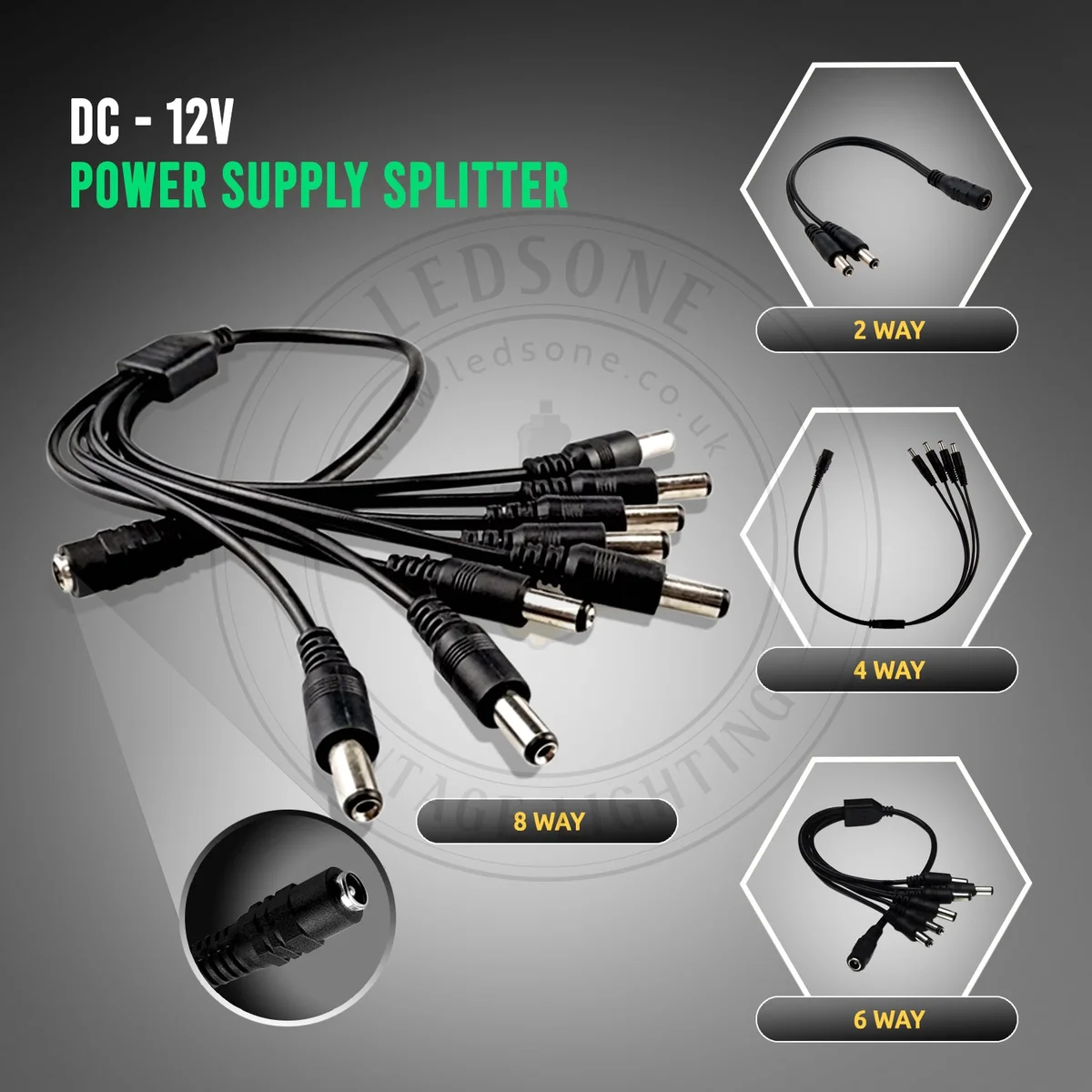 Black PVC CCTV camera power cable split into 2/4/6/8-way with 2.1mm connectors