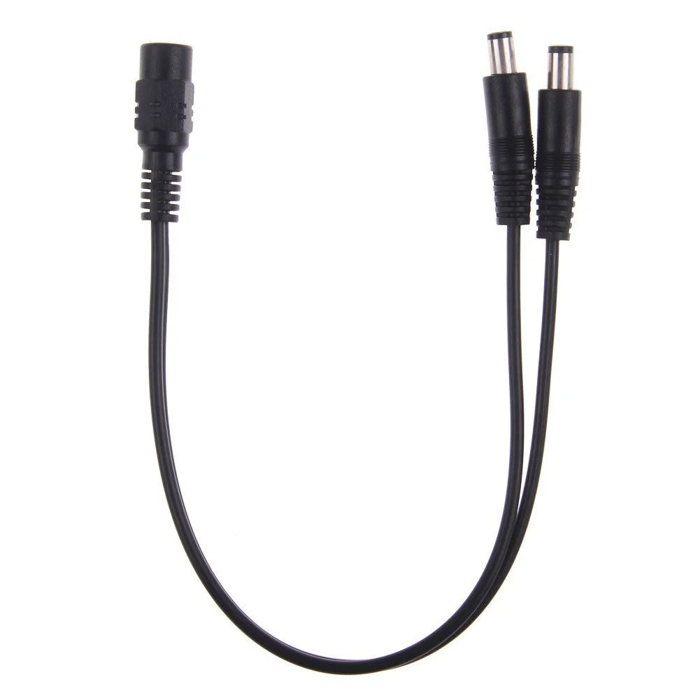 Black PVC CCTV power splitter cable with male to female 2.1mm connectors for 2‑8 cameras, included as single split cable.
