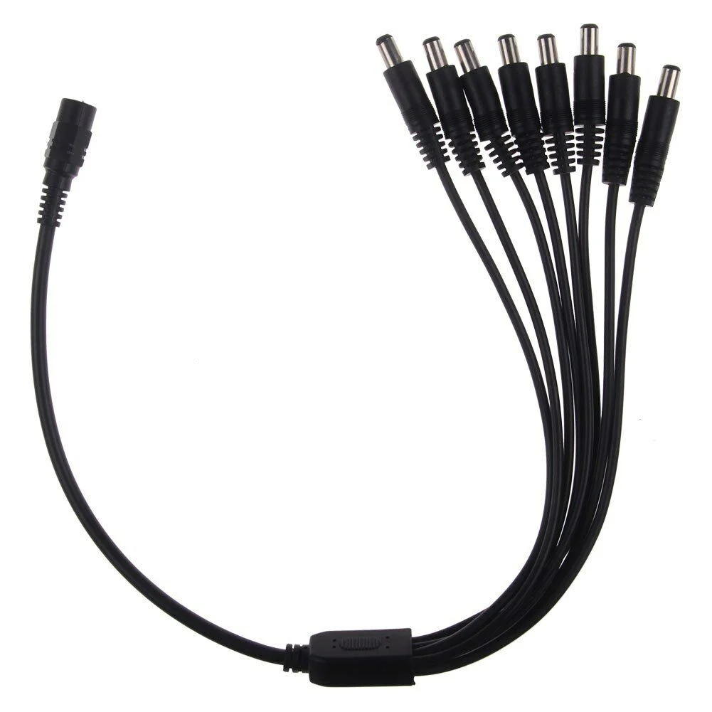 Black PVC CCTV power splitter cable, 2.1×5.5mm connectors, 2‑way splitter.